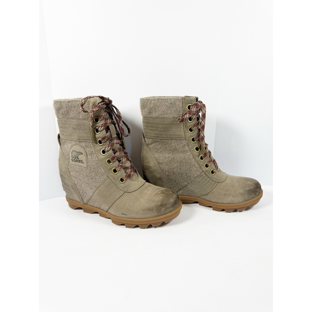 Sorel Lexie Wedge Leather Boots Gray Lace Up Winter Cozy Outdoor Womens 7.5